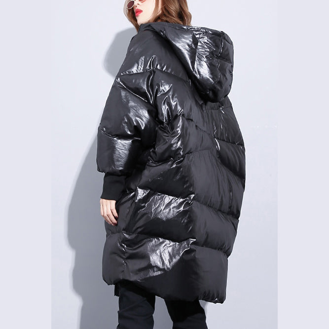 feine schwarze Daunenjacke Plus Size Kapuzenmantel aus Baumwolle Elegante Reißverschlusstaschen über dem Mantel