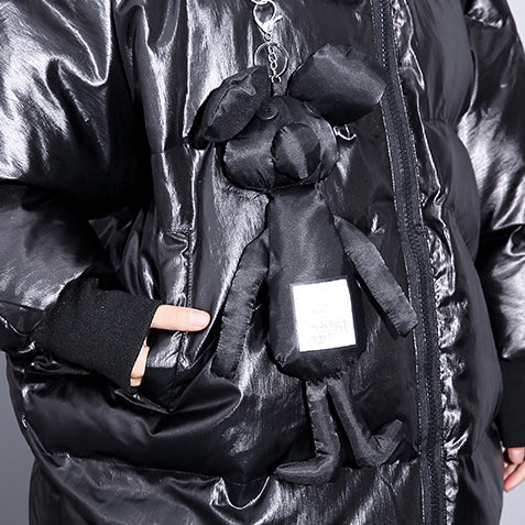 feine schwarze Daunenjacke Plus Size Kapuzenmantel aus Baumwolle Elegante Reißverschlusstaschen über dem Mantel