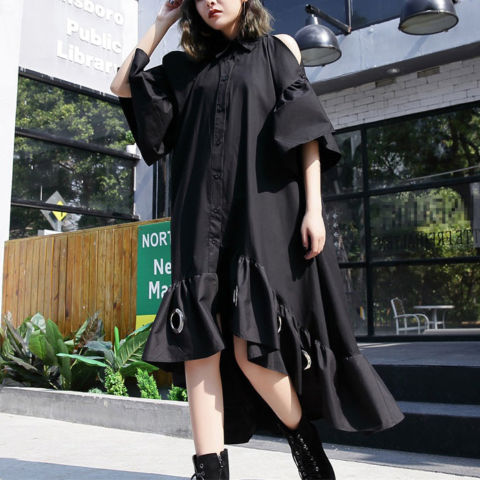 feines schwarzes Patchwork-Maxikleid aus Baumwolle, trendiges Plus-Size-Kleid mit ausgehöhlten Ärmeln, lässiger Baumwollkaftan mit asymmetrischem Saum