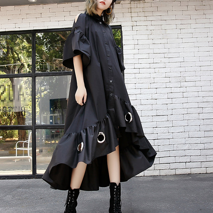 feines schwarzes Patchwork-Maxikleid aus Baumwolle, trendiges Plus-Size-Kleid mit ausgehöhlten Ärmeln, lässiger Baumwollkaftan mit asymmetrischem Saum