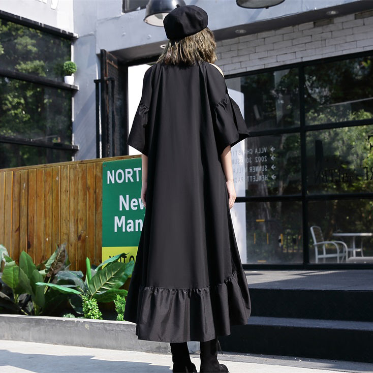 feines schwarzes Patchwork-Maxikleid aus Baumwolle, trendiges Plus-Size-Kleid mit ausgehöhlten Ärmeln, lässiger Baumwollkaftan mit asymmetrischem Saum