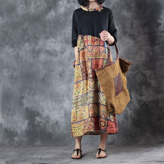 feine schwarze Patchwork-Leinenkleider in Übergröße mit Rundhalsausschnitt, Reisekleid, neue kurzärmelige Baggy-Kleider, Leinenkaftane