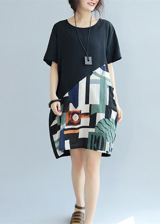 feines schwarzes Patchwork-Leinen-Etuikleid Locker sitzendes Baumwollkleid Elegante kurzärmelige Kniekleider mit Wildprint