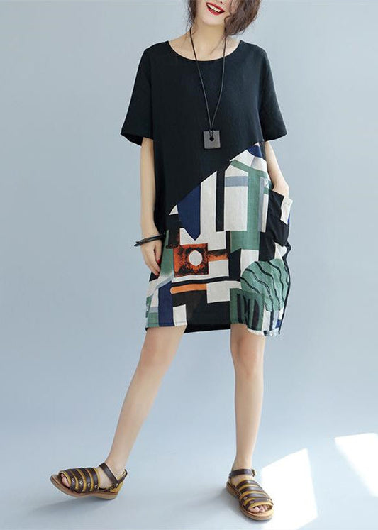 feines schwarzes Patchwork-Leinen-Etuikleid Locker sitzendes Baumwollkleid Elegante kurzärmelige Kniekleider mit Wildprint