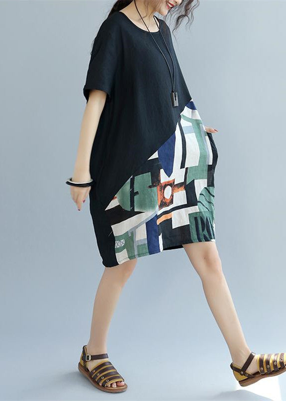 feines schwarzes Patchwork-Leinen-Etuikleid Locker sitzendes Baumwollkleid Elegante kurzärmelige Kniekleider mit Wildprint
