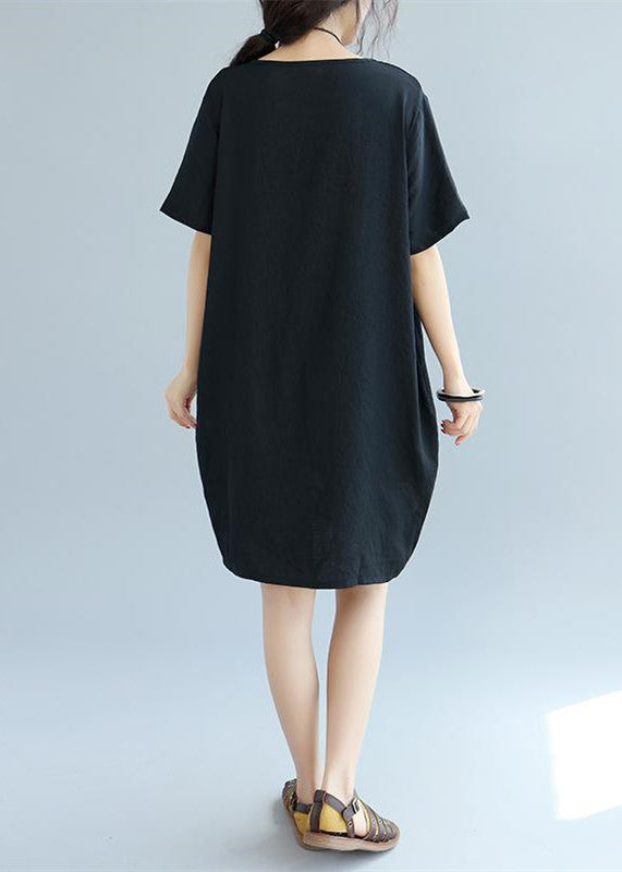 feines schwarzes Patchwork-Leinen-Etuikleid Locker sitzendes Baumwollkleid Elegante kurzärmelige Kniekleider mit Wildprint