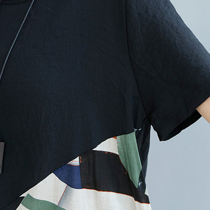 feines schwarzes Patchwork-Leinen-Etuikleid Locker sitzendes Baumwollkleid Elegante kurzärmelige Kniekleider mit Wildprint