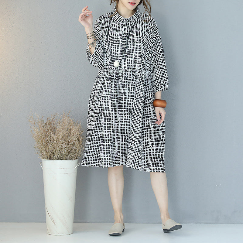 feines schwarzes kariertes Kleid aus reiner Baumwolle, Übergrößen, Hemdkleid, Boutique-Kleid mit Reverskragen, Armbandärmeln, natürliches Baumwollkleid