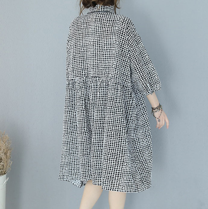 feines schwarzes kariertes Kleid aus reiner Baumwolle, Übergrößen, Hemdkleid, Boutique-Kleid mit Reverskragen, Armbandärmeln, natürliches Baumwollkleid