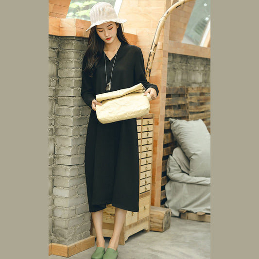 feine schwarze Plus Size Herbstkleider Baggy Casual V-Ausschnitt Jacquard Kleider