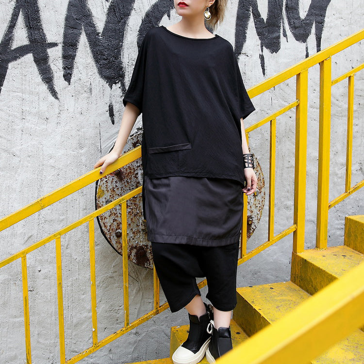 feine schwarze Bluse aus reinem Leinen, lässiges T-Shirt aus Leinen und Baumwolle, feine Patchwork-Baumwollhemden mit asymmetrischem Saum