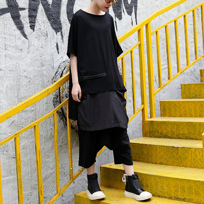 feine schwarze Bluse aus reinem Leinen, lässiges T-Shirt aus Leinen und Baumwolle, feine Patchwork-Baumwollhemden mit asymmetrischem Saum