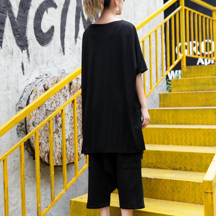 feine schwarze Bluse aus reinem Leinen, lässiges T-Shirt aus Leinen und Baumwolle, feine Patchwork-Baumwollhemden mit asymmetrischem Saum