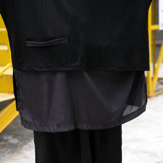 feine schwarze Bluse aus reinem Leinen, lässiges T-Shirt aus Leinen und Baumwolle, feine Patchwork-Baumwollhemden mit asymmetrischem Saum