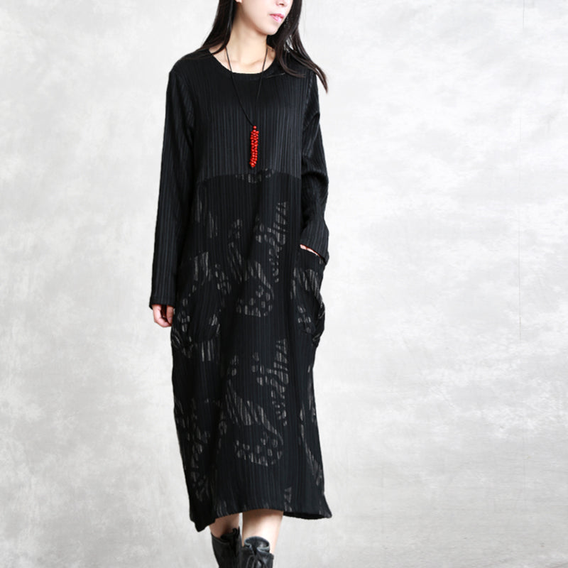 Feines schwarz gestreiftes Herbstkleid aus Baumwollmischung in Übergröße, O-Ausschnitt, Patchwork-Kleid aus Baumwollmischung, lässige Maxikleider mit langen Ärmeln und Taschen