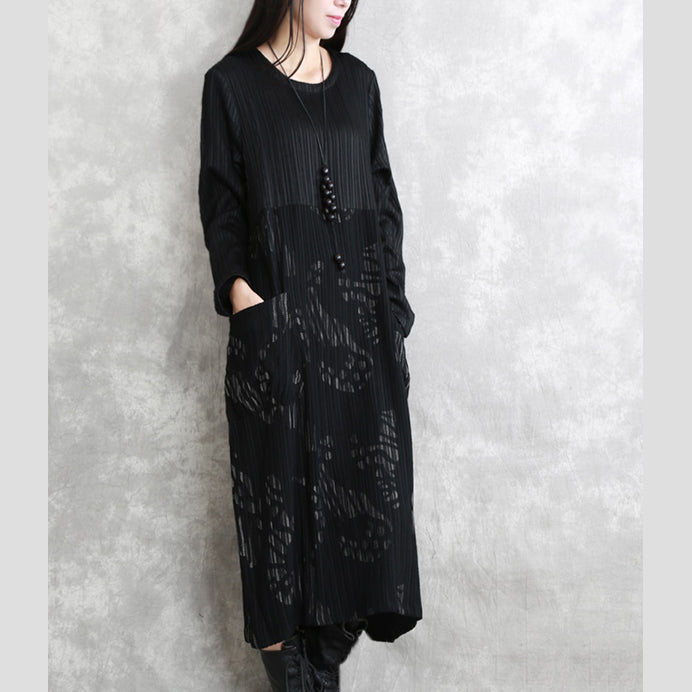 Feines schwarz gestreiftes Herbstkleid aus Baumwollmischung in Übergröße, O-Ausschnitt, Patchwork-Kleid aus Baumwollmischung, lässige Maxikleider mit langen Ärmeln und Taschen