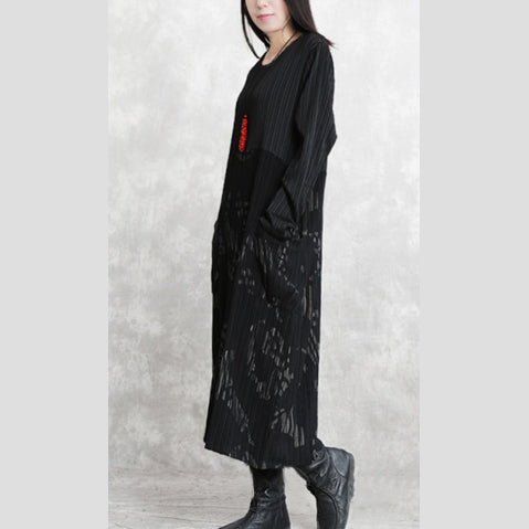 Feines schwarz gestreiftes Herbstkleid aus Baumwollmischung in Übergröße, O-Ausschnitt, Patchwork-Kleid aus Baumwollmischung, lässige Maxikleider mit langen Ärmeln und Taschen