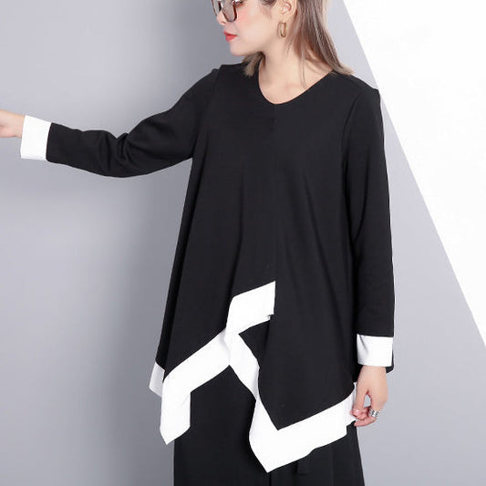 feines schwarzes T-Shirt Locker sitzende V-Ausschnitt Reisebluse Vintage asymmetrisches Design Baumwollmischtops