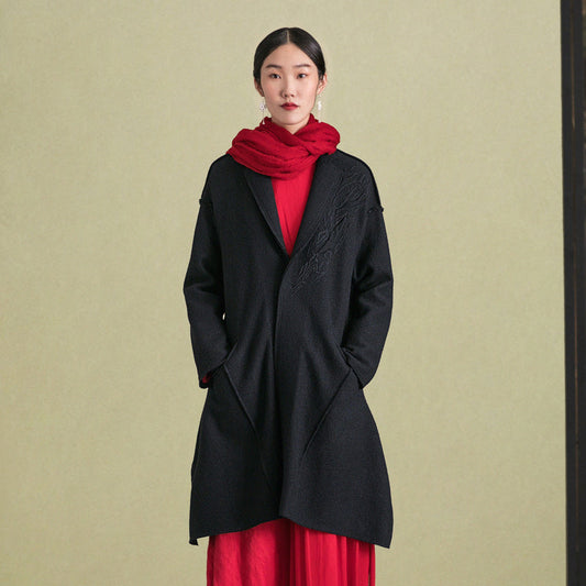 feine schwarze Wolloberbekleidung in Übergröße mit langen Ärmeln Jacken & Mäntel Stickerei Damenmäntel