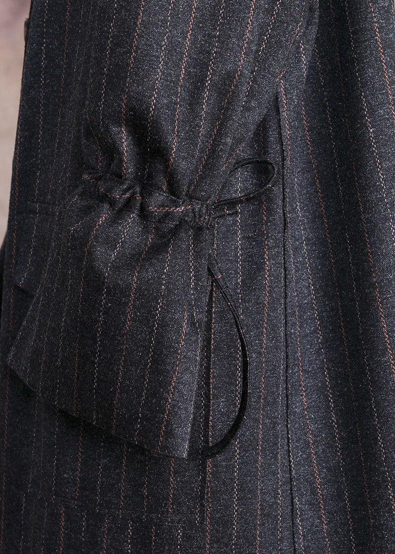 fine black woolen overcoat oversize Coats fall women coats striped - SooLinen