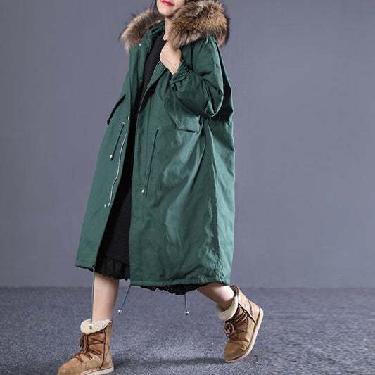 feine schwärzlich-grüne Pufferjacken Kleidung mit Kapuze Pelzkragen Steppmantel Neue Kordelzugtaschen Winteroberbekleidung