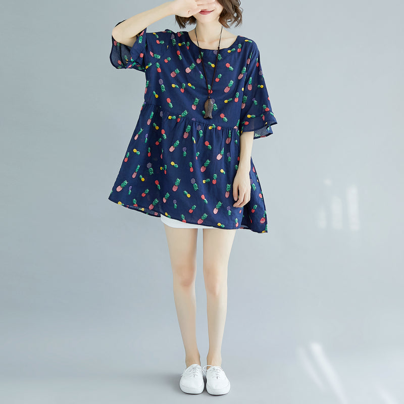 feine blaue Baumwoll-Etuikleider Plus Size Kleidung Maxikleid lässig Halbarm florales V-Ausschnitt Baumwollkleid
