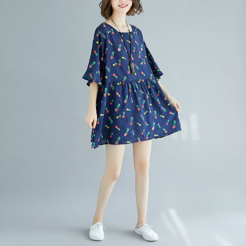 feine blaue Baumwoll-Etuikleider Plus Size Kleidung Maxikleid lässig Halbarm florales V-Ausschnitt Baumwollkleid