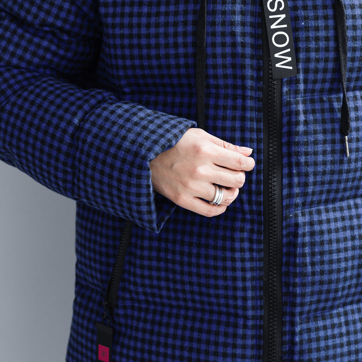 feine blau karierte Winterparkas in Übergröße mit Kapuze, Schneejacken, elegante dicke Wintermäntel