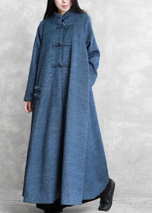 fine blue wool overcoat Loose fitting stand collar Chinese Button long coats - SooLinen