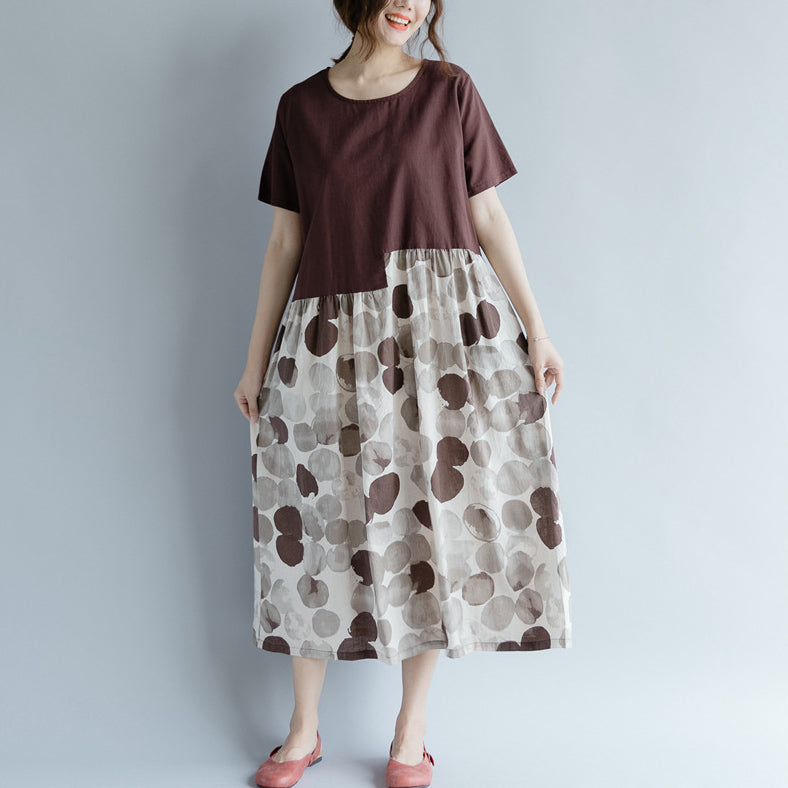 feine schokoladenbraune Baumwoll-Leinen-Kleider, Oversize-Kurzarm-Print, Patchwork-Baumwoll-Leinen-Kleid, Vintage-Kleid mit Rundhalsausschnitt