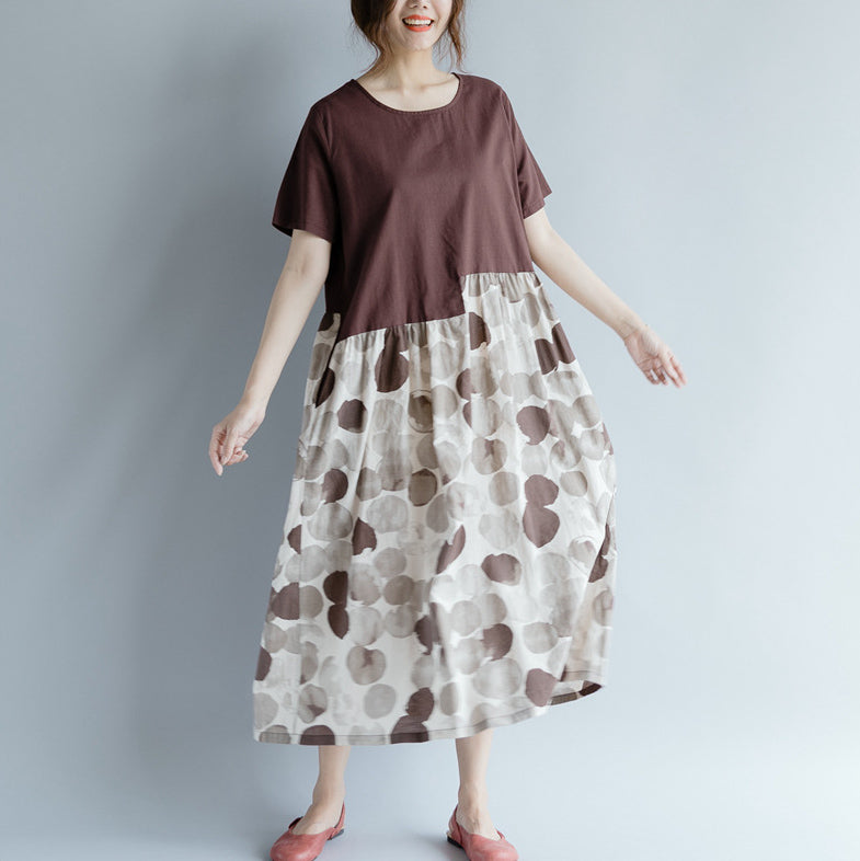 feine schokoladenbraune Baumwoll-Leinen-Kleider, Oversize-Kurzarm-Print, Patchwork-Baumwoll-Leinen-Kleid, Vintage-Kleid mit Rundhalsausschnitt