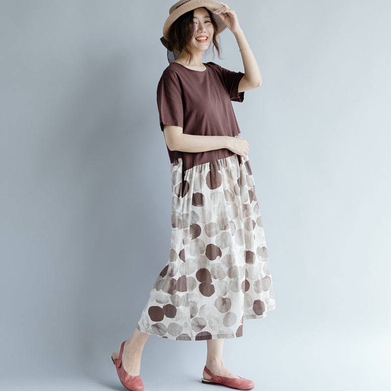 feine schokoladenbraune Baumwoll-Leinen-Kleider, Oversize-Kurzarm-Print, Patchwork-Baumwoll-Leinen-Kleid, Vintage-Kleid mit Rundhalsausschnitt
