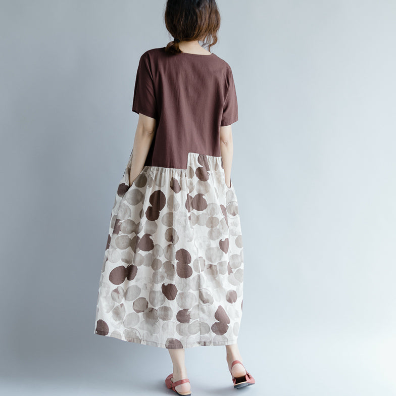feine schokoladenbraune Baumwoll-Leinen-Kleider, Oversize-Kurzarm-Print, Patchwork-Baumwoll-Leinen-Kleid, Vintage-Kleid mit Rundhalsausschnitt