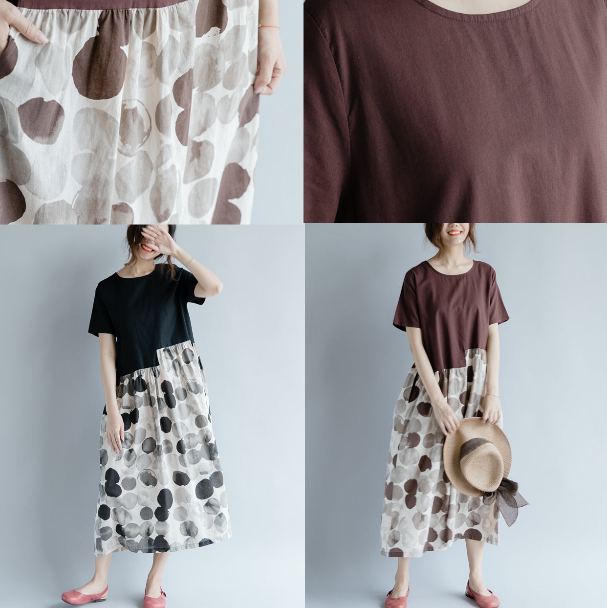 feine schokoladenbraune Baumwoll-Leinen-Kleider, Oversize-Kurzarm-Print, Patchwork-Baumwoll-Leinen-Kleid, Vintage-Kleid mit Rundhalsausschnitt