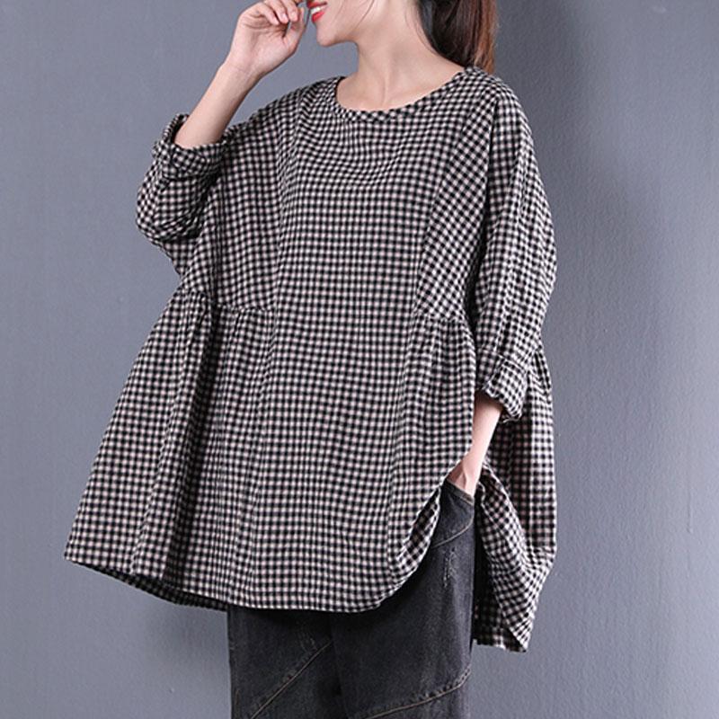 Blusen aus feiner Baumwollmischung im Oversize-Stil, lässig, Rundhalsausschnitt, langärmlig, Frühlings-Gitterhemd