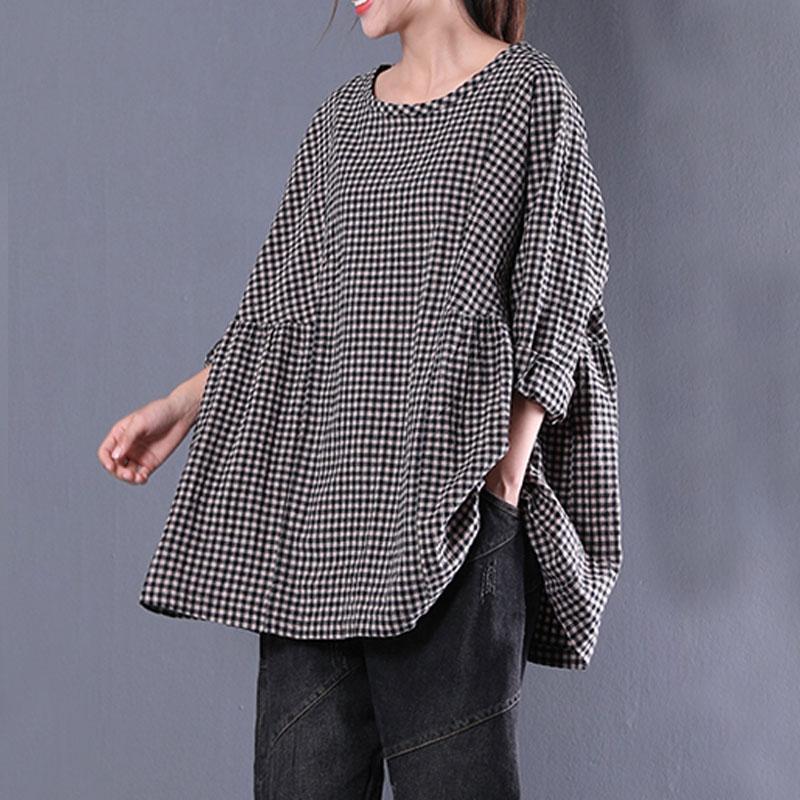 Blusen aus feiner Baumwollmischung im Oversize-Stil, lässig, Rundhalsausschnitt, langärmlig, Frühlings-Gitterhemd