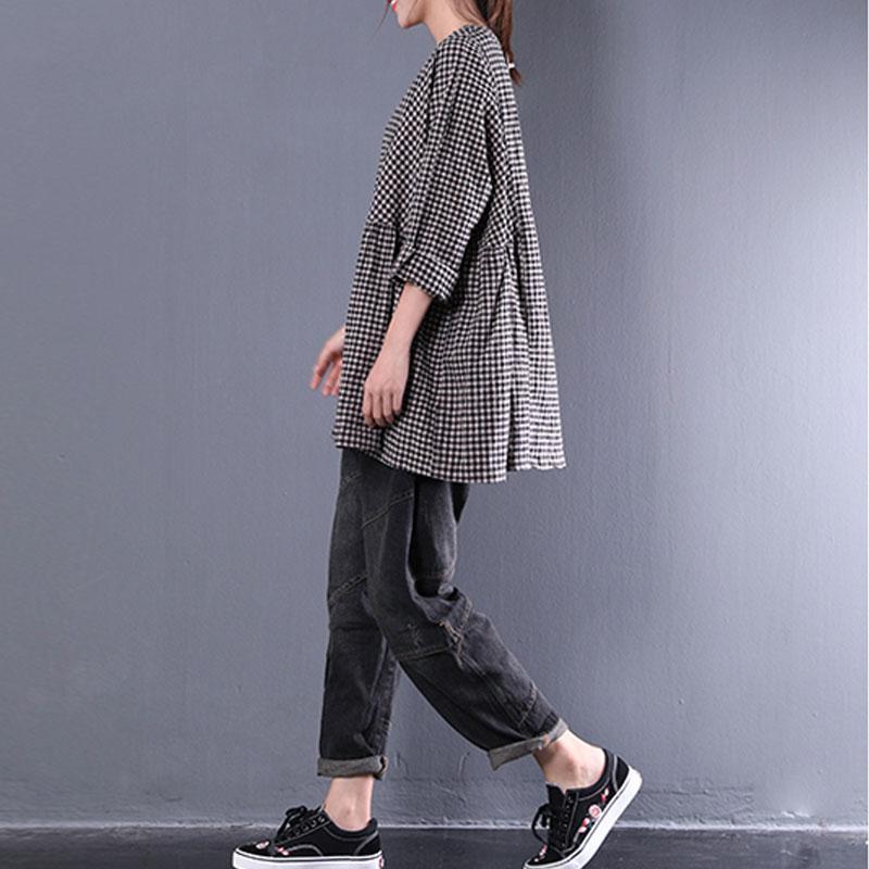 Blusen aus feiner Baumwollmischung im Oversize-Stil, lässig, Rundhalsausschnitt, langärmlig, Frühlings-Gitterhemd