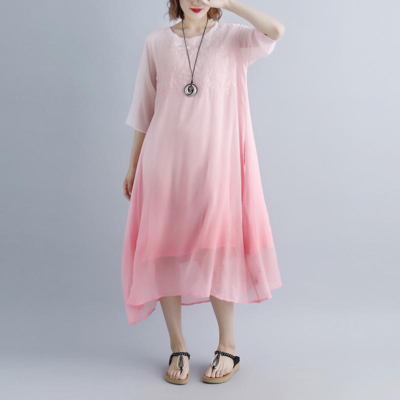 feine Baumwollkleider trendige Plus-Size Fake Zweiteiler Taschen Retro Pink Sommerkleid