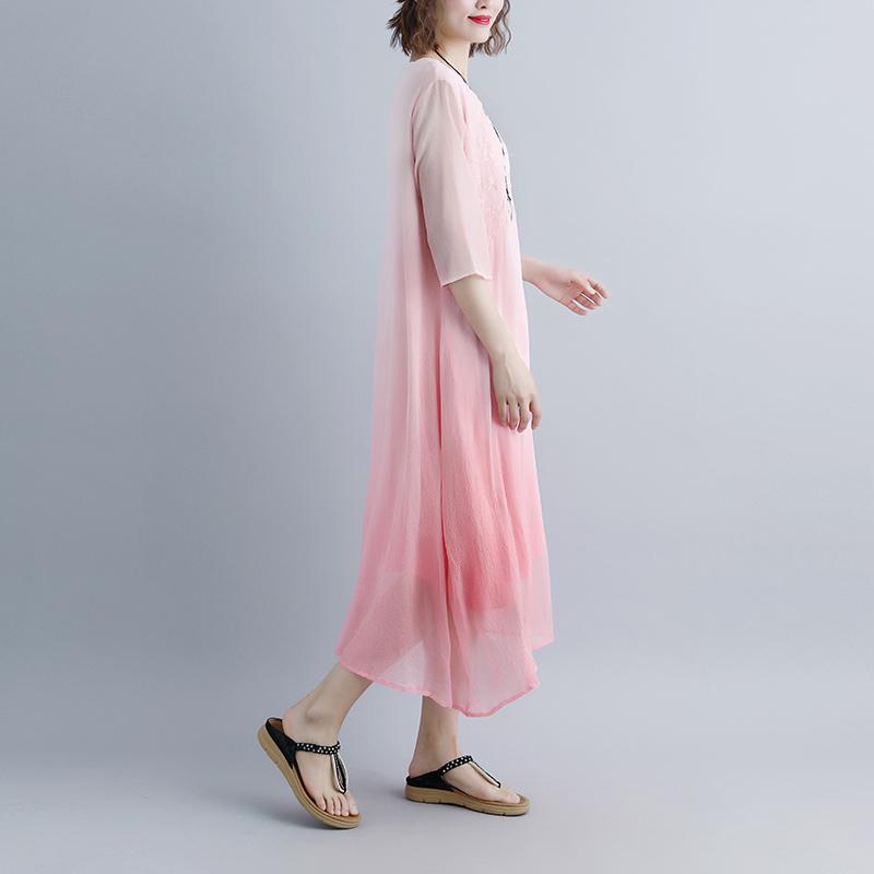 feine Baumwollkleider trendige Plus-Size Fake Zweiteiler Taschen Retro Pink Sommerkleid