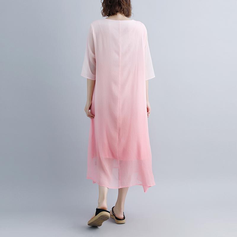feine Baumwollkleider trendige Plus-Size Fake Zweiteiler Taschen Retro Pink Sommerkleid