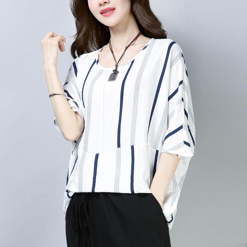 Feine Baumwolloberteile übergroßes lässiges Sommer-Kurzarm-T-Shirt mit marineblauen Streifen