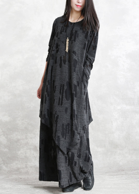 Feiner dunkelgrauer Jacquard aus reiner Baumwollmischung, zweiteilig, trendig, neue Langarmtaschen, O-Ausschnitt, asymmetrisches Design und Baggy-Hosen