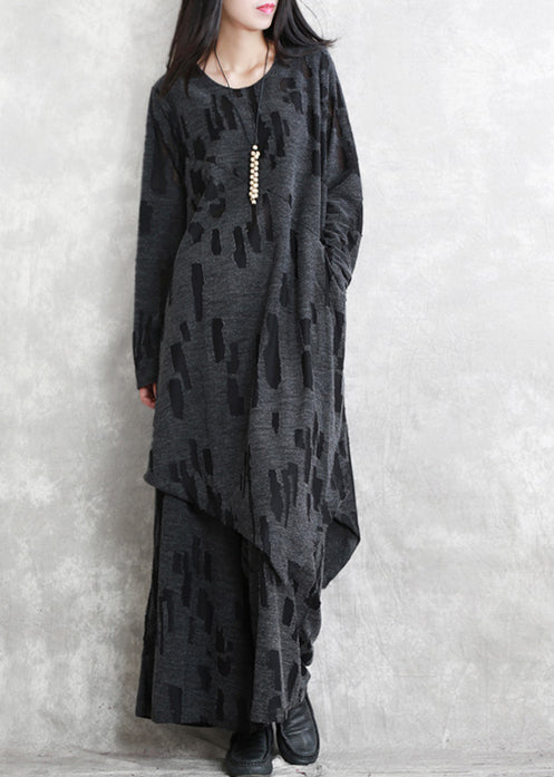 Feiner dunkelgrauer Jacquard aus reiner Baumwollmischung, zweiteilig, trendig, neue Langarmtaschen, O-Ausschnitt, asymmetrisches Design und Baggy-Hosen