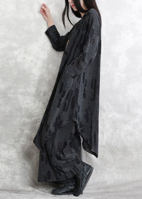 Feiner dunkelgrauer Jacquard aus reiner Baumwollmischung, zweiteilig, trendig, neue Langarmtaschen, O-Ausschnitt, asymmetrisches Design und Baggy-Hosen