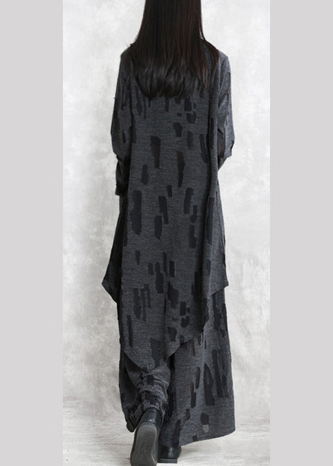 Feiner dunkelgrauer Jacquard aus reiner Baumwollmischung, zweiteilig, trendig, neue Langarmtaschen, O-Ausschnitt, asymmetrisches Design und Baggy-Hosen