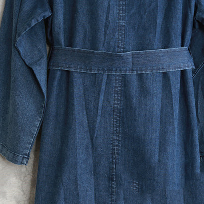 feines Denimblau 2018 Herbstkleid lässig V-Ausschnitt Taillenbinde Reisekleid 2018 Langarm Rückseite offen lange Kleider