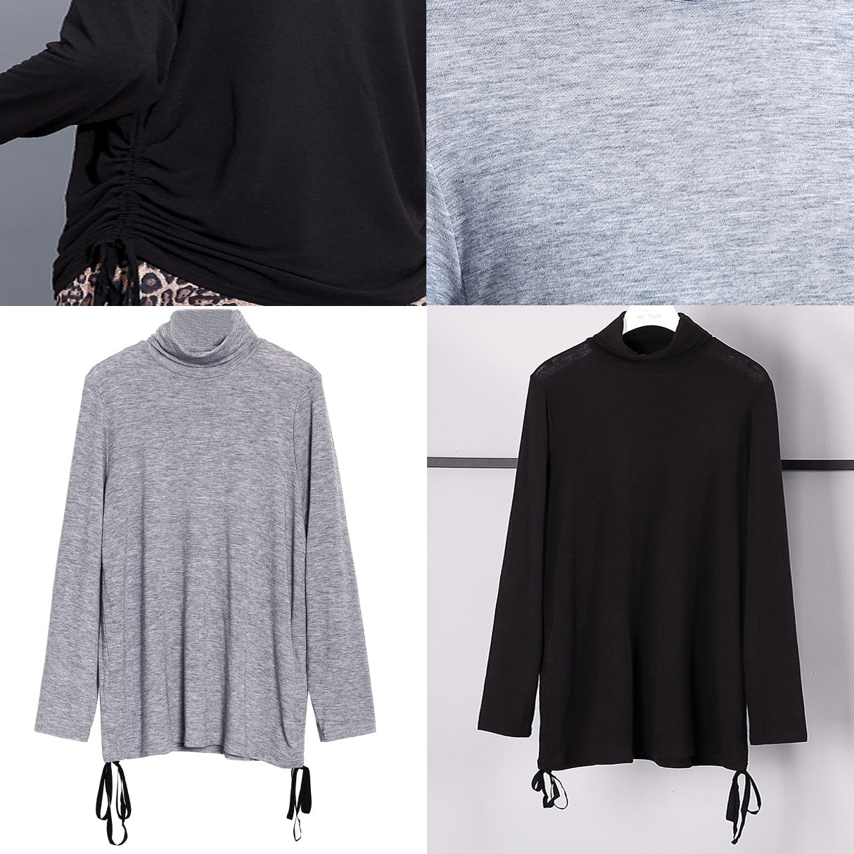 feine graue reine Oberteile übergroßes T-Shirt aus Baumwolle mit hohem Halsausschnitt feine Blusen mit Kordelzug