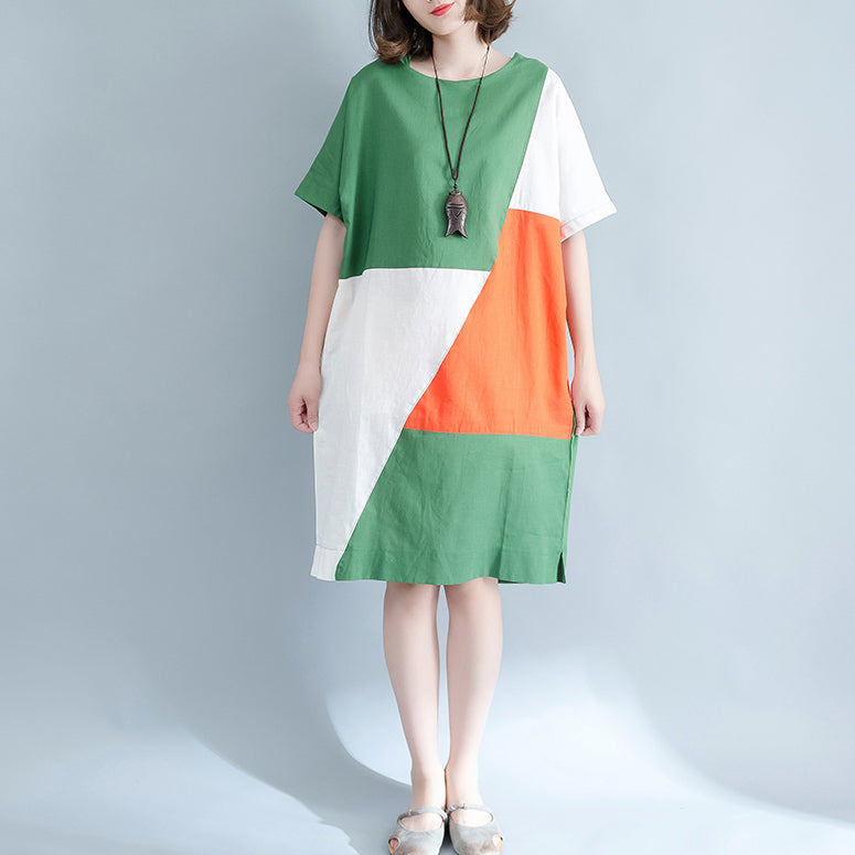 feine grüne Midi-Leinenkleider Plus Size Kleidung Hemdkleid Elegante O-Ausschnitt Patchwork Leinenkleider