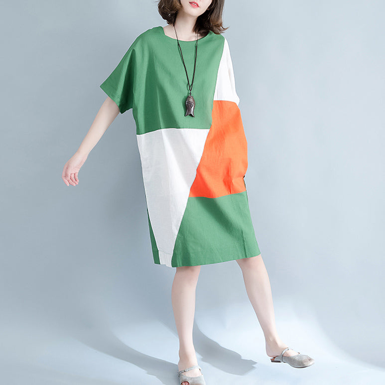 feine grüne Midi-Leinenkleider Plus Size Kleidung Hemdkleid Elegante O-Ausschnitt Patchwork Leinenkleider