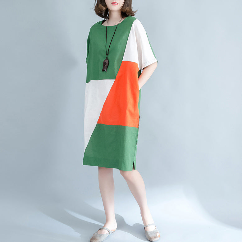 feine grüne Midi-Leinenkleider Plus Size Kleidung Hemdkleid Elegante O-Ausschnitt Patchwork Leinenkleider